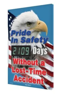 Accuform SCK109 28" x 20" Digi-Day Electronic Safety Scoreboards: Pride In Safety - _Days Without a Lost Time Accident, Aluminum Face