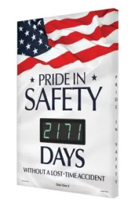 Accuform SCK171 28" x 20" Digi-Day Electronic Safety Scoreboards: Pride In Safety _ Days Without A Lost Time Accident, Aluminum Face