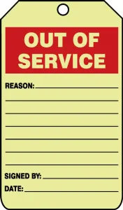 Accuform TAW510 5" x 3" Glow Equipment Status Safety Tag: Out of Service
