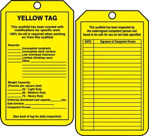 Accuform TRS208CTP Scaffold Status Safety Tag: Yellow Tag