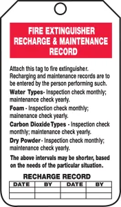 Accuform TRS211PTM Fire Extinguisher Status Safety Tag: Fire Extinguisher Recharge & Maintenance Record