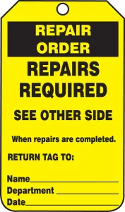 Accuform TRS247PTP Repair Status Safety Tags: Repair Order