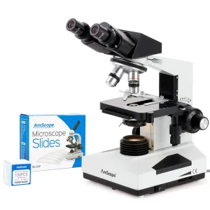 AmScope B490A-50P100S Professional Biological Binocular Compound Microscope 1600x Magnification With 50 Slides and 100 Coverslips
