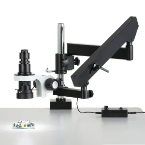 AmScope H800-APC-96S-HD25 H800 Series Zoom Inspection Monocular Stereo Microscope 0.7X-5X on Articulating Arm w/ Pillar w/ LED Ring Light and 1080P HDMI C-mount Camera
