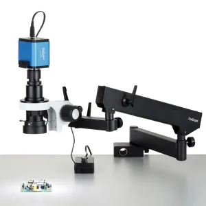 AmScope H800-ASC-96S-HD25 H800 Series Zoom Inspection Monocular Stereo Microscope 0.7X-5X Magnification on Articulating Arm w/ LED Ring Light and 1080P HDMI C-mount Camera