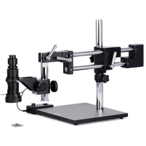 AmScope H800-DAB-96S-AF2 H800 Series Zoom Inspection Monocular Stereo Microscope 0.7X-5X on Double-Arm Boom-Stand w/ LED Ring Light and 1080P 2MP HDMI Auto-focus Camera