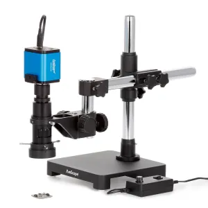 AmScope H800-SAB-96S-HD25 H800 Series Zoom Inspection Monocular Stereo Microscope 0.7X-5X on Single-Arm Boom-Stand w/ LED Ring Light and 1080P HDMI C-mount Camera