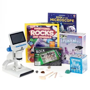 AmScope KVB-GEM-140-DIS Kid's Natural Gemstone Discoverer Series Set 1080P HD Portable LCD Digital Color Microscope, Natural Gemstone Activity Set