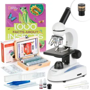 AmScope M149C-BKI-SP18-PSI-E M149 Series Student Kids Metal Frame Glass Optics Biological Moncluar Compound Microscope 40X-1000X Magnification with Digital Camera, Kid's Friendly Software and Premium Insect Exploration Kit