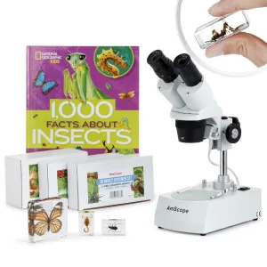 AmScope SE306R-BKI-INST-E SE306 Series Student Stereo Microscope 20X-40X Magnification w/ Premium 9pc 3D Insect Specimen Kit, Nat Geo Insect Book and Optional Digital Camera