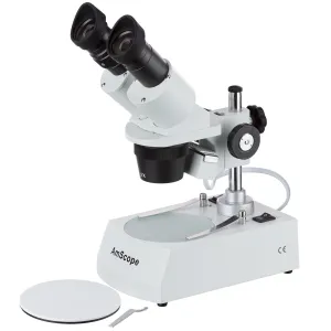 AmScope SE306R-P20-E SE306 Series Compact Multi-Lens Binocular Stereo Microscope 40X-80X on Metal Track Stand w/ Angled Head, Top and Bottom Halogen Lighting and 1MP Digital Eyepiece