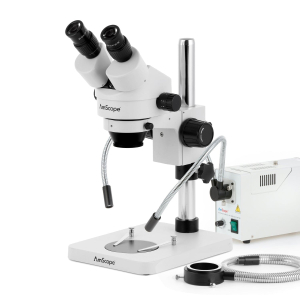 AmScope SM-1BS-FODR-14M3 SM-1 Series Inspection and Dissecting Zoom Binocular Stereo Microscope 7X-45X w/ 150W Halogen Dual Gooseneck & Ring Lights and 14MP USB 3.0 C-mount Camera on Compact Pillar Stand