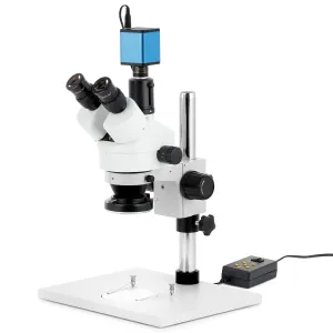 AmScope SM-1TX-144A-AF1 SM-1 Series Zoom Trinocular Stereo Microscope 3.5X-45X w/ Multi-Zone 144 LED and 1080P HDMI Auto-focus Camera on Pillar Stand w/ Extra Large Base Plate