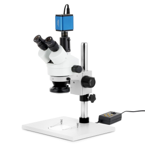 AmScope SM-1TYY-144A-HD25 SM-1 Series Zoom Trinocular Stereo Microscope 7X-135X w/ Multi-Zone 144 LED and 5MP HDMI CMOS C-Mount Camera on Pillar Stand w/ Extra Large Base Plate