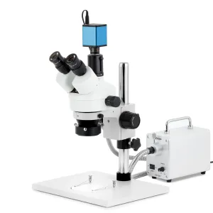 AmScope SM-1TY-30WR-AF2 SM-1 Series Zoom Trinocular Stereo Microscope 7X-90X w/ 30W LED FO Ring Light and 1080P 2MP HDMI Auto-focus Camera on Pillar Stand w/ Extra Large Base Plate