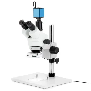AmScope SM-1TX-64S-AF2 SM-1 Series Zoom Trinocular Stereo Microscope 3.5X-45X w/ 64 LED Compact Ring Light and 1080P 2MP HDMI Auto-focus Camera on Pillar Stand w/ Extra Large Base Plate