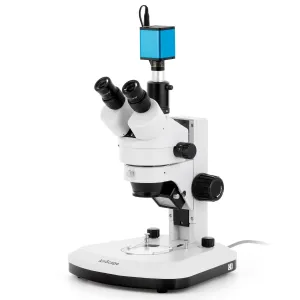 AmScope SM-1TY-RL-AF2 SM-1 Series Zoom Trinocular Stereo Microscope 7X-90X Magnification w/ Dual LED, 1080P 2MP HDMI Auto-focus Camera on Track Stand