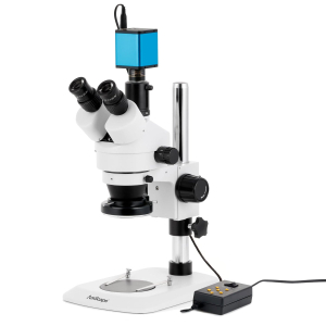 AmScope SM-1TNZ-144A-AF25 SM-1 Series Industrial Inspection Zoom Trinocular Stereo Microscope 3.5X-90X w/ Multi-Zone 144 LED and 1080P 5MP HDMI Auto-focus Camera on Pillar Stand w/ Small Base