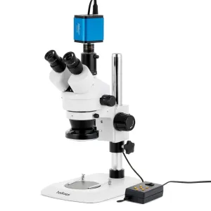 AmScope SM-1TNZ-144A-HD22 SM-1 Series Industrial Inspection Zoom Trinocular Stereo Microscope 3.5X-90X w/ Multi-Zone 144 LED and 2MP HDMI CMOS C-Mount Camera on Pillar Stand w/ Small Base