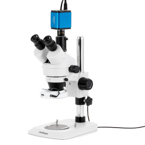 AmScope SM-1TNZ-144S-HD2GS SM-1 Series Industrial Inspection Zoom Trinocular Stereo Microscope 3.5X-90X w/ 144 LED Compact Ring Light and 2MP HDMI Global Shutter CMOS C-Mount Camera on Pillar Stand w/ Small Base