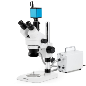 AmScope SM-1TNYY-30WR-AF2 SM-1 Series Industrial Inspection Zoom Trinocular Stereo Microscope 7X-135X w/ 30W LED Fiber Optic Ring Light and 1080P 2MP HDMI Auto-focus Camera on Pillar Stand w/ Small Base