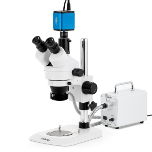 AmScope SM-1TNYY-30WR-HD2 SM-1 Series Industrial Inspection Zoom Trinocular Stereo Microscope 7X-135X w/ 30W LED Fiber Optic Ring Light and 2MP HDMI CMOS C-Mount Camera on Pillar Stand w/ Small Base