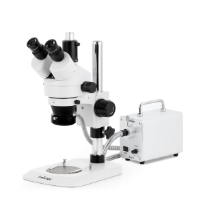 AmScope SM-1TNYY-30WR-14M3 SM-1 Series Industrial Inspection Zoom Trinocular Stereo Microscope 7X-135X w/ 30W LED Fiber Optic Ring Light and 14MP USB 3.0 C-mount Camera on Pillar Stand w/ Small Base