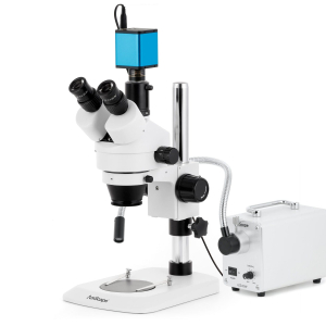 AmScope SM-1TNZ-30WS-AF2 SM-1 Series Industrial Inspection Zoom Trinocular Stereo Microscope 3.5X-90X w/ 30W LED Fiber Optic Single Gooseneck Light and 1080P 2MP HDMI Auto-focus Camera on Pillar Stand w/ Small Base