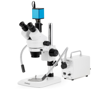 AmScope SM-1TNZ-30WY-AF25 SM-1 Series Industrial Inspection Zoom Trinocular Stereo Microscope 3.5X-90X w/ 30W LED Double Gooseneck Fiber Optic Lights and 1080P 5MP HDMI Auto-focus Camera on Pillar Stand w/ Small Base