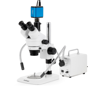 AmScope SM-1TNYY-30WY-HD22 SM-1 Series Industrial Inspection Zoom Trinocular Stereo Microscope 7X-135X w/ 30W LED Double Gooseneck Fiber Optic Lights and 2MP HDMI CMOS C-Mount Camera on Pillar Stand w/ Small Base