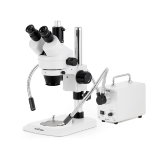 AmScope SM-1TNYY-30WY-14M3 SM-1 Series Industrial Inspection Zoom Trinocular Stereo Microscope 7X-135X w/ 30W LED Double Gooseneck Fiber Optic Lights and 14MP USB 3.0 C-mount Camera on Pillar Stand w/ Small Base