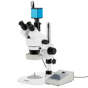 AmScope SM-1TNZ-80AM-AF2 SM-1 Series Industrial Inspection Zoom Trinocular Stereo Microscope 3.5X-90X w/ 80 LED Direction Variable Ring Light and 1080P 2MP HDMI Auto-focus Camera on Pillar Stand w/ Small Base