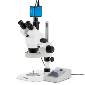 AmScope SM-1TNX-80AM-HD2 SM-1 Series Industrial Inspection Zoom Trinocular Stereo Microscope 3.5X-45X w/ 80 LED Direction Variable Ring Light and 2MP HDMI CMOS C-Mount Camera on Pillar Stand w/ Small Base