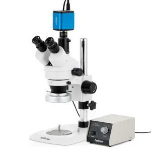 AmScope SM-1TNYY-80M-HD25 SM-1 Series Industrial Inspection Zoom Trinocular Stereo Microscope 7X-135X w/ HD 80 LED Ring Light and 5MP HDMI CMOS C-Mount Camera on Pillar Stand w/ Small Base
