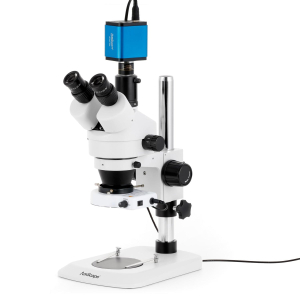 AmScope SM-1TNYY-80S-HD25 SM-1 Series Industrial Inspection Zoom Trinocular Stereo Microscope 7X-135X w/ 80 LED Compact Ring Light and 5MP HDMI CMOS C-Mount Camera on Pillar Stand w/ Small Base