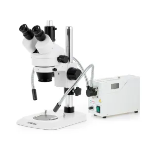 AmScope SM-1TNX-FOD-10M3 SM-1 Series Industrial Inspection Zoom Trinocular Stereo Microscope 3.5X-45X w/ 150W Halogen Dual Gooseneck Lights and 10MP USB 3.0 C-mount Camera on Pillar Stand w/ Small Base