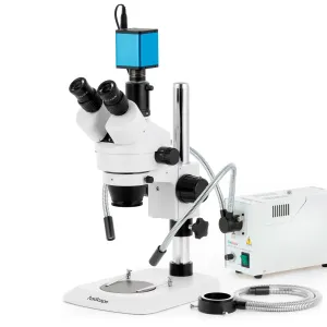 AmScope SM-1TNY-FODR-AF1 SM-1 Series Industrial Inspection Zoom Trinocular Stereo Microscope 7X-90X w/ 150W Halogen Dual Gooseneck & Ring Lights and 1080P HDMI Auto-focus Camera on Pillar Stand w/ Small Base