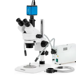 AmScope SM-1TNYY-FODR-HD2GS SM-1 Series Industrial Inspection Zoom Trinocular Stereo Microscope 7X-135X w/ 150W Halogen Dual Gooseneck & Ring Lights and 2MP HDMI Global Shutter CMOS C-Mount Camera on Pillar Stand w/ Small Base