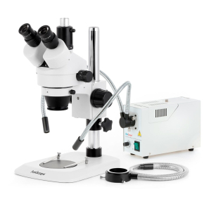 AmScope SM-1TNY-FODR-9M SM-1 Series Industrial Inspection Zoom Trinocular Stereo Microscope 7X-90X w/ 150W Halogen Dual Gooseneck & Ring Lights and 9MP USB 2.0 C-mount Camera on Pillar Stand w/ Small Base