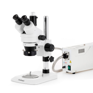 AmScope SM-1TNYY-FOR-10M SM-1 Series Industrial Inspection Zoom Trinocular Stereo Microscope 7X-135X w/ 150W Halogen Ring Light and 10MP USB 2.0 C-mount Camera on Pillar Stand w/ Small Base