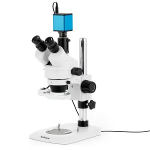 AmScope SM-1TN-FRL-AF2 SM-1 Series Industrial Inspection Zoom Trinocular Stereo Microscope 7X-45X w/ 8W Fluorescent Ring Light and 1080P 2MP HDMI Auto-focus Camera on Pillar Stand w/ Small Base