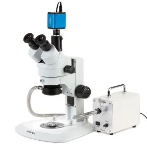 AmScope SM-1TRZ-30WR-HD22 SM-1 Series Zoom Trinocular Stereo Microscope 3.5X-90X w/ 30W LED Fiber Optic Ring Light and 2MP HDMI CMOS C-Mount Camera on Track Stand