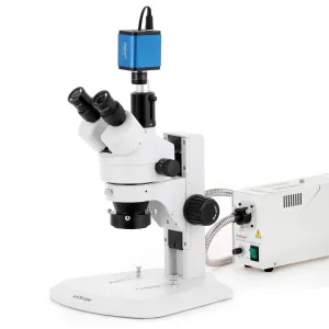 AmScope SM-1TRZZ-FOR-HD25 SM-1 Series Zoom Trinocular Stereo Microscope 3.5X-180X Magnification w/ 150W Halogen Ring Light and 5MP HDMI CMOS C-Mount Camera on Track Stand