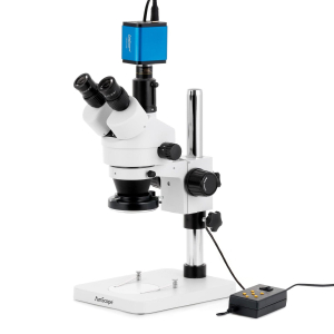 AmScope SM-1TSX-144A-HD2 SM-1 Series Zoom Trinocular Stereo Microscope 3.5X-45X Magnification w/ Multi-Zone 144 LED and 2MP HDMI CMOS C-Mount Camera on Pillar Stand