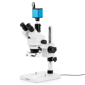 AmScope SM-1TSY-144S-AF25 SM-1 Series Zoom Trinocular Stereo Microscope 7X-90X Magnification w/ 144 LED Compact Ring Light and 1080P 5MP HDMI Auto-focus Camera on Pillar Stand