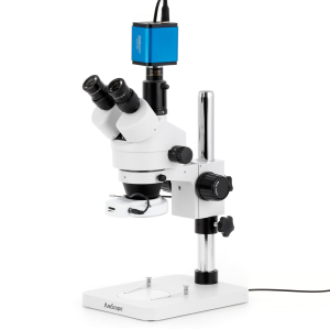 AmScope SM-1TSYY-56S-HD2GS SM-1 Series Zoom Trinocular Stereo Microscope 7X-135X w/ 56 LED Compact Ring Light and 2MP HDMI Global Shutter CMOS C-Mount Camera on Pillar Stand