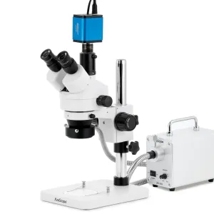 AmScope SM-1TS-30WR-HD2GS SM-1 Series Zoom Trinocular Stereo Microscope 7X-45X w/ 30W LED Fiber Optic Ring Light and 2MP HDMI Global Shutter CMOS C-Mount Camera on Pillar Stand