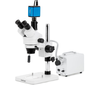 AmScope SM-1TSX-30WS-HD22 SM-1 Series Zoom Trinocular Stereo Microscope 3.5X-45X w/ 30W LED Fiber Optic Single Gooseneck Light and 2MP HDMI CMOS C-Mount Camera on Pillar Stand