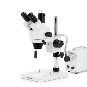 AmScope SM-1TSY-30WS-18M3 SM-1 Series Zoom Trinocular Stereo Microscope 7X-90X w/ 30W LED Fiber Optic Single Gooseneck Light and 18MP USB 3.0 C-mount Camera on Pillar Stand