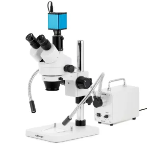 AmScope SM-1TSY-30WY-AF1 SM-1 Series Zoom Trinocular Stereo Microscope 7X-90X w/ 30W LED Double Gooseneck Fiber Optic Lights and 1080P HDMI Auto-focus Camera on Pillar Stand